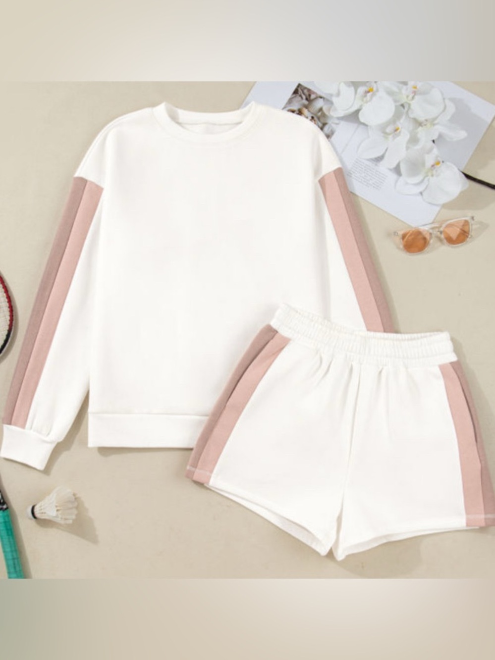 White Color Block Patchwork Drop Shoulder Pullover 2 piece Outfit - Picture 3 of 10